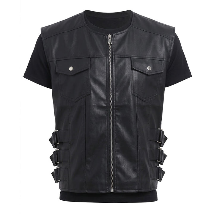 Men's Flap Pockets Casual Motorcycle Outerwear Leather Vest - image 12
