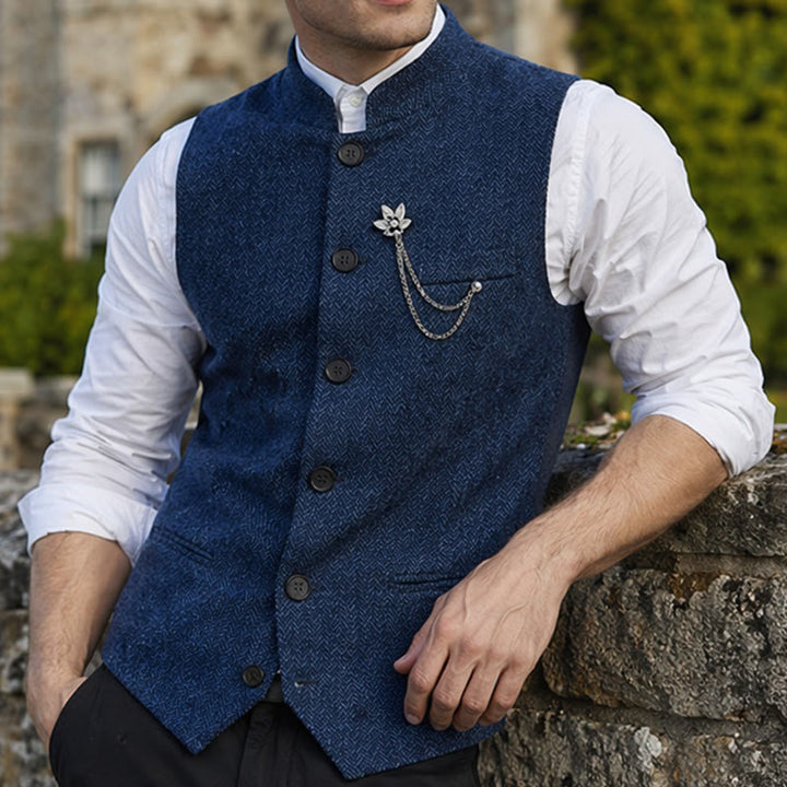 Men's Vintage Tweed Suit Vest With Royal Chain Brooch - Navy - 2XL - image 6