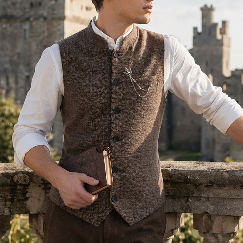 Men's Vintage Tweed Suit Vest With Royal Chain Brooch - Coffee - 2XL - image 0