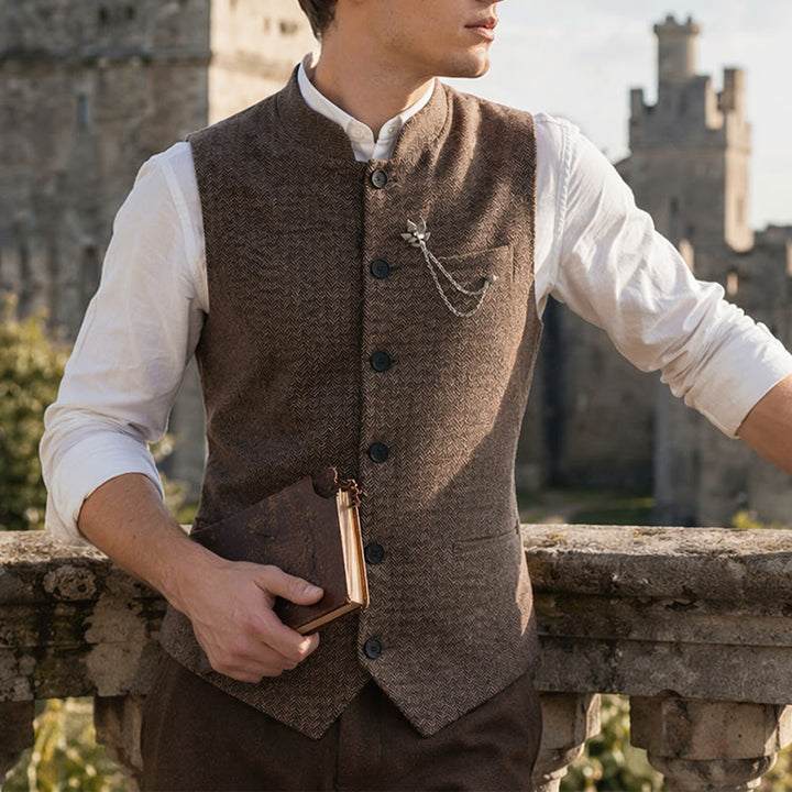 Men's Vintage Tweed Suit Vest With Royal Chain Brooch - Coffee - 2XL - image 0