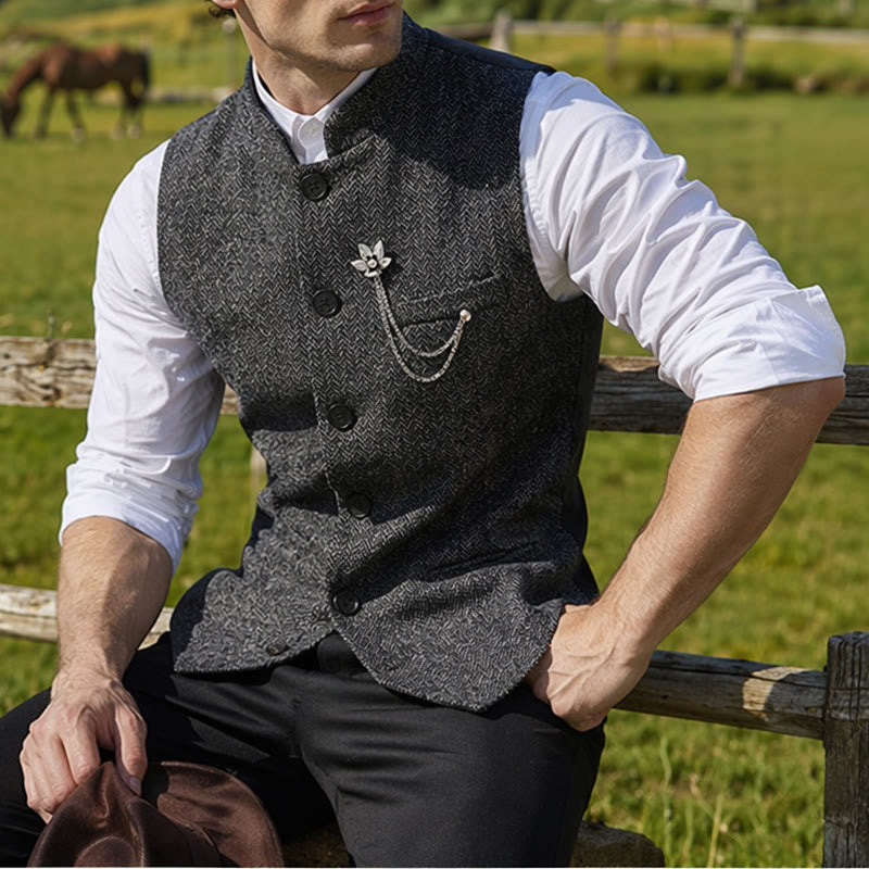 Men's Vintage Tweed Suit Vest With Royal Chain Brooch - Dark Gray - 2XL - image 4