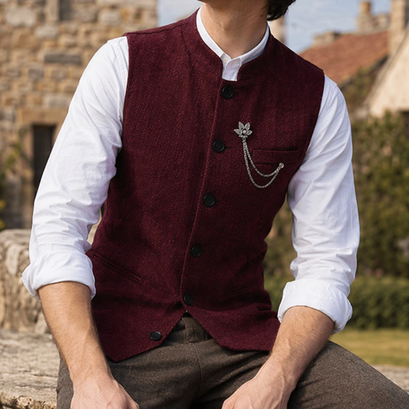 Men's Vintage Tweed Suit Vest With Royal Chain Brooch - Burgundy - 2XL - image 5