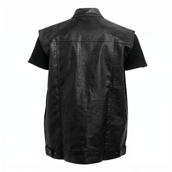 Men's Flap Pocket Hip Hop Vintage Motorcycle Solid Black Leather Vest - image 9
