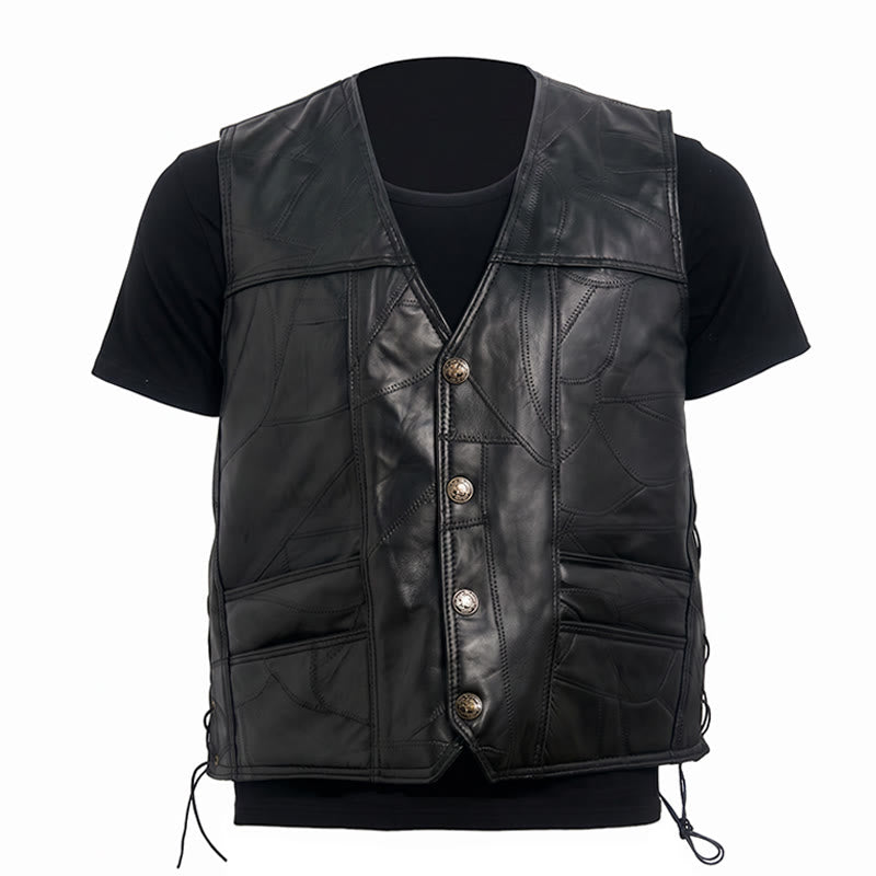 Men's Punk Biker Side Drawstring Motorcycle Leather Vest - image 9