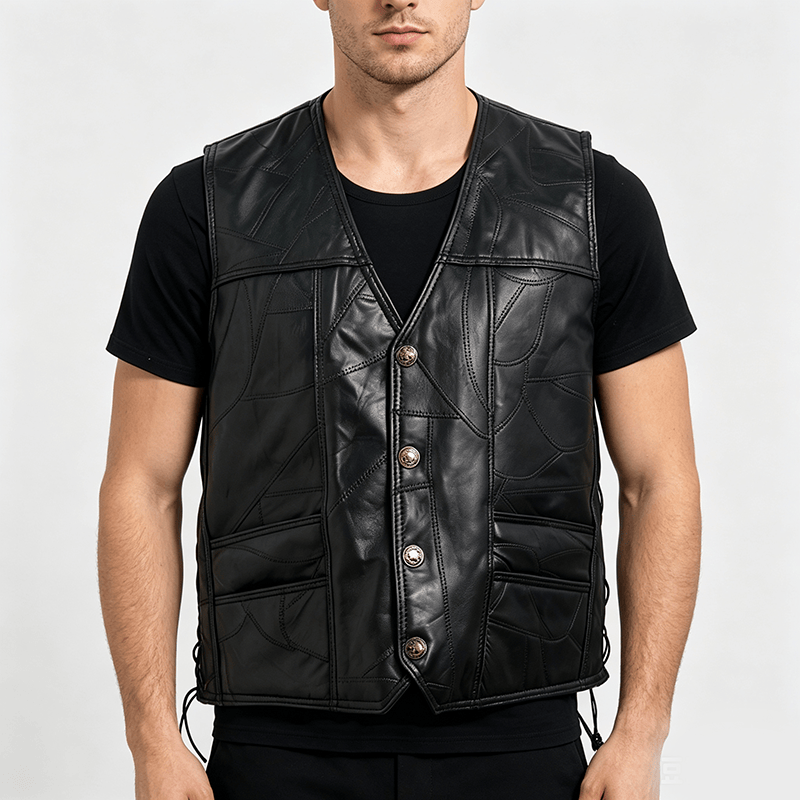 Men's Punk Biker Side Drawstring Motorcycle Leather Vest - image 1