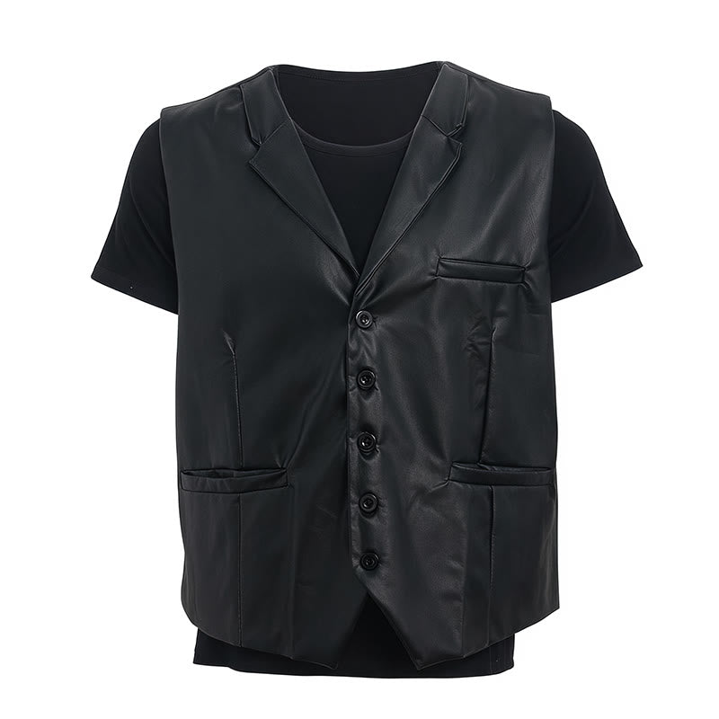 Men's Solid Black Casual Street Leather Vest - image 9