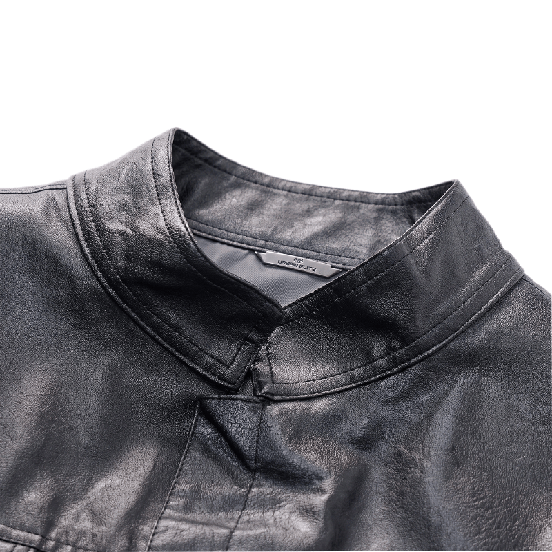Men's Flap Pocket Hip Hop Vintage Motorcycle Solid Black Leather Vest - image 4