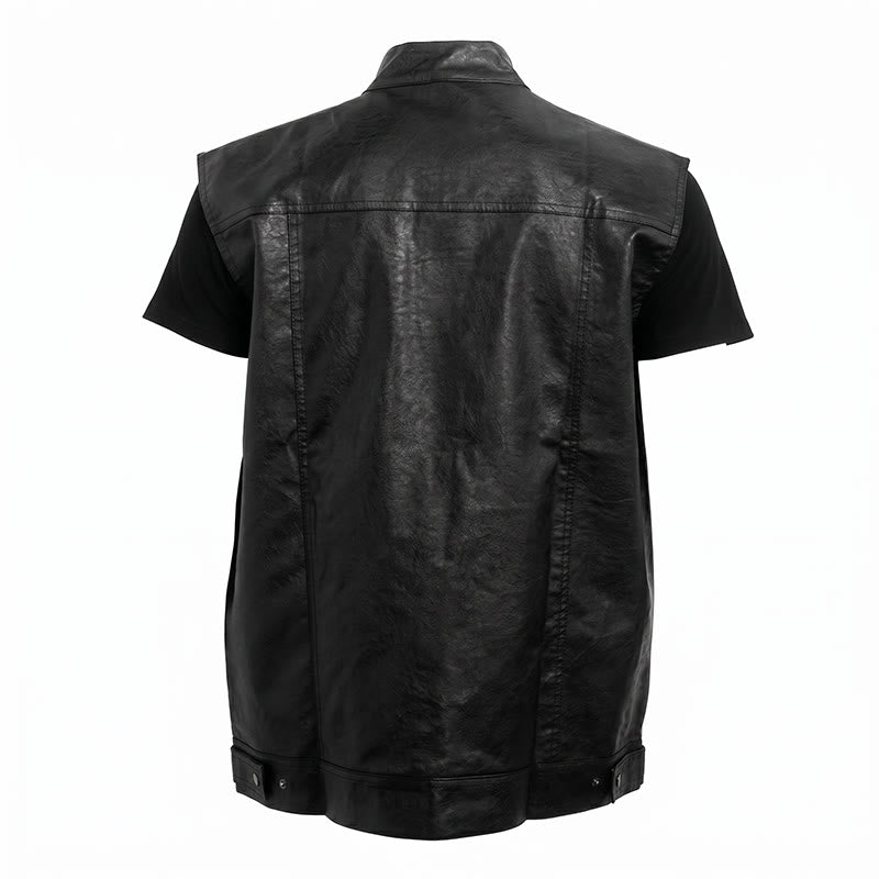 Men's Flap Pocket Hip Hop Vintage Motorcycle Solid Black Leather Vest - image 9
