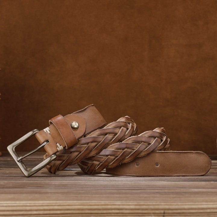 Braided Handwoven Without Hole Leather Belt - Yellow - 46 - image 0
