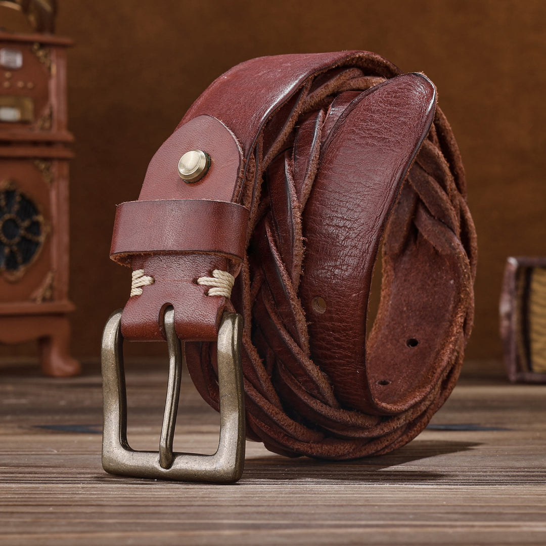 Braided Handwoven Without Hole Leather Belt - Red - 46 - image 11