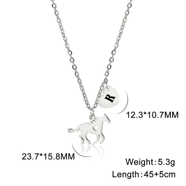 Dainty Horse Pendant Initial Letter Heart Necklace - Silver - R - image 46