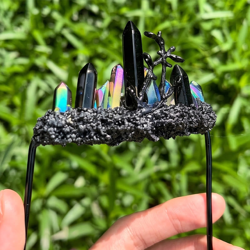 Handcrafted Natural Crystal Crown Pocket Square Brooch - Black & Multi-Color - image 11