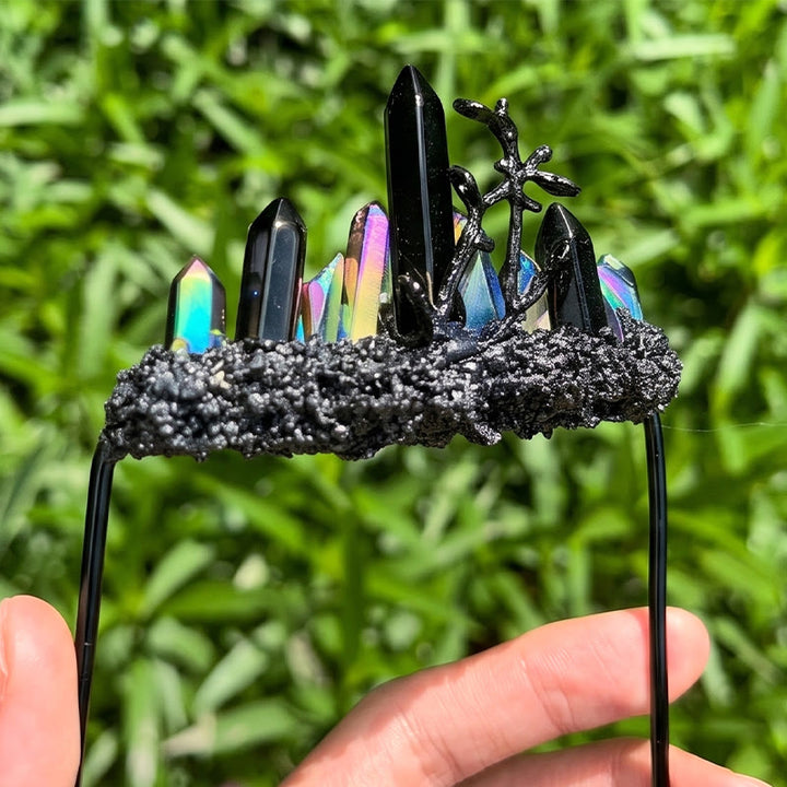 Handcrafted Natural Crystal Crown Pocket Square Brooch - Black & Multi-Color - image 11