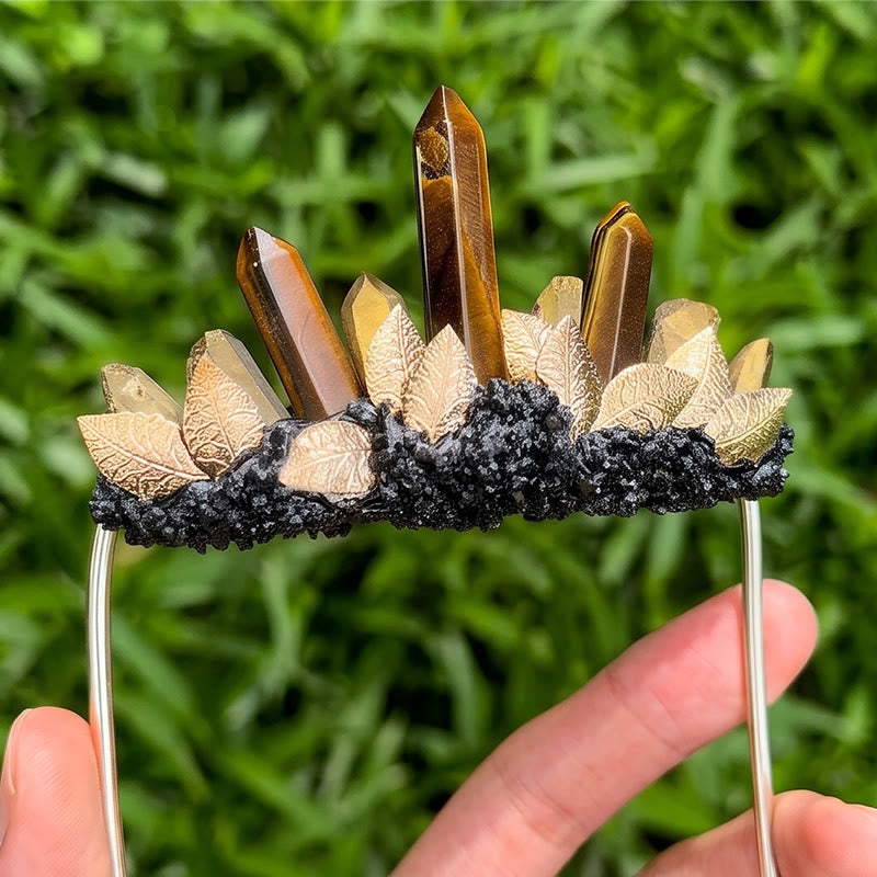 Handcrafted Natural Crystal Crown Pocket Square Brooch - Brown & Gold - image 0