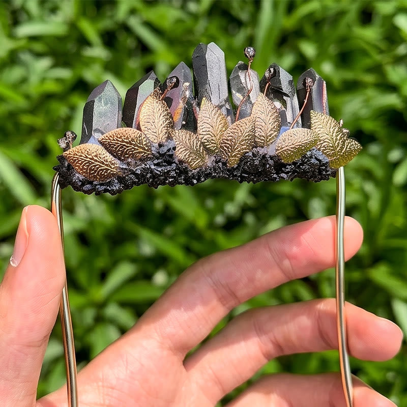 Handcrafted Natural Crystal Crown Pocket Square Brooch - Black & Gold - image 2