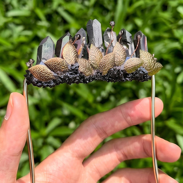 Handcrafted Natural Crystal Crown Pocket Square Brooch - Black & Gold - image 2