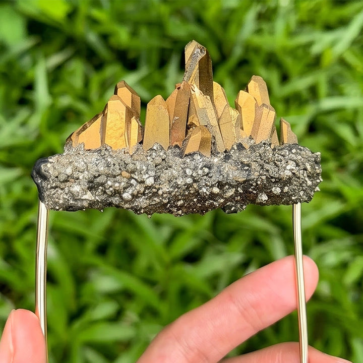 Handcrafted Natural Crystal Crown Pocket Square Brooch - Gold - image 10