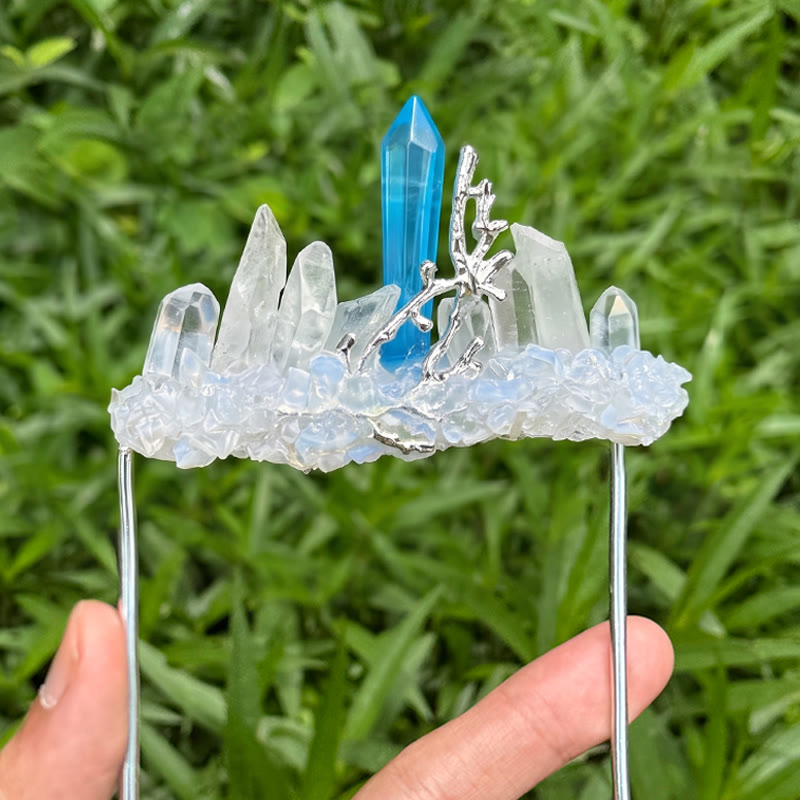 Handcrafted Natural Crystal Crown Pocket Square Brooch - Blue & White - image 13