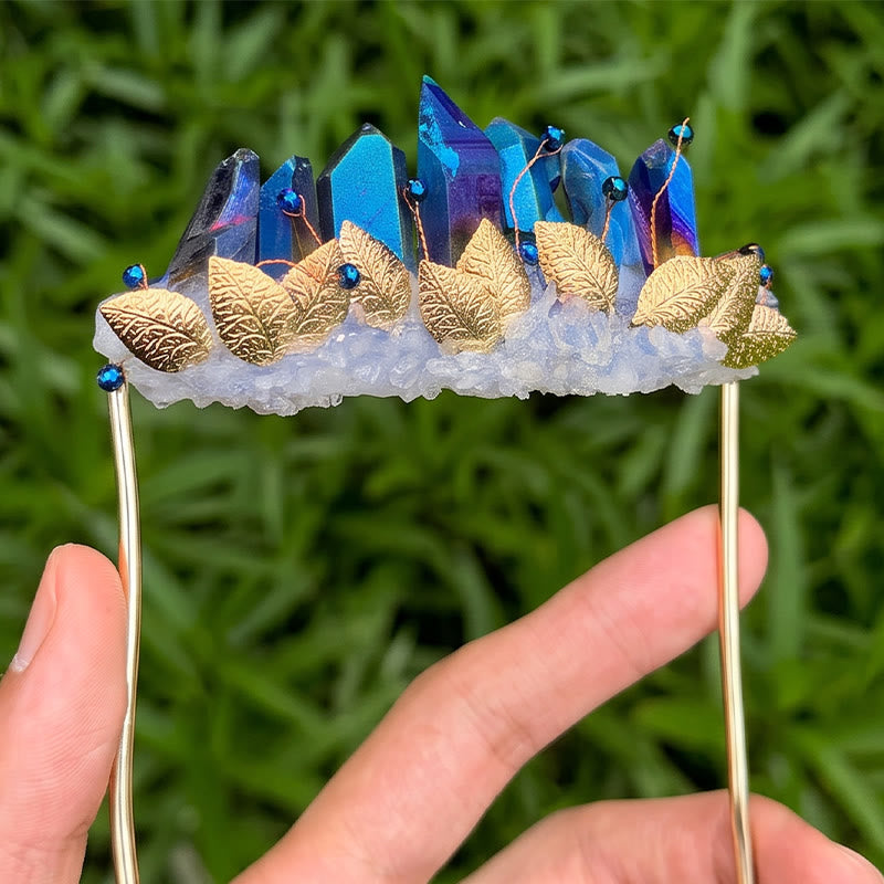 Handcrafted Natural Crystal Crown Pocket Square Brooch - Blue & Gold - image 3