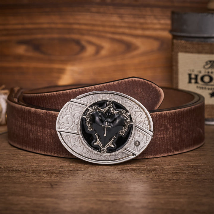 Dark Vow Black Heart Hidden Folding Knife Buckle Leather Belt - Black Heart - Brown Distressed Belt - 42 - image 5