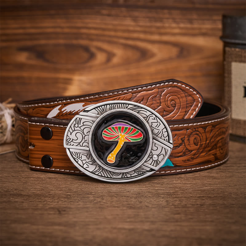 Rainbow Psychedelic Mushroom Hidden Folding Knife Buckle Leather Belt - Rainbow Mushroom - Brown Feather Belt - 40 - image 7