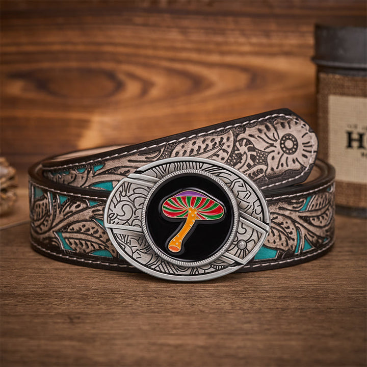 Rainbow Psychedelic Mushroom Hidden Folding Knife Buckle Leather Belt - Rainbow Mushroom - Gray Floral Belt - 42 - image 8
