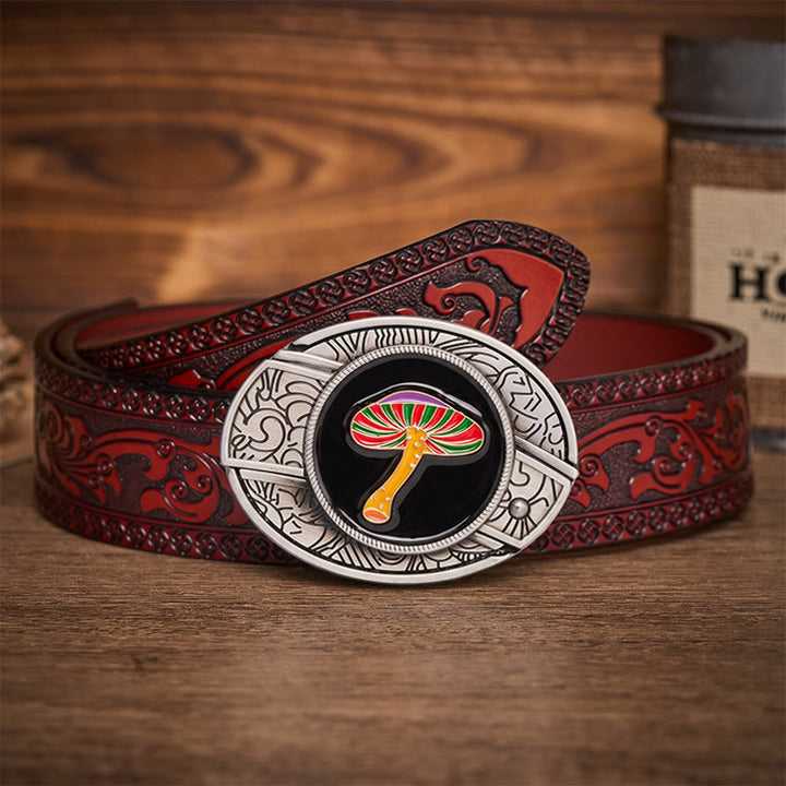 Rainbow Psychedelic Mushroom Hidden Folding Knife Buckle Leather Belt - Rainbow Mushroom - Brown Carved Belt - 42 - image 6