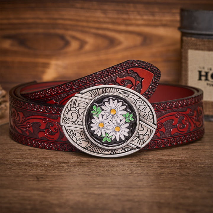 White Daisy Daydream Hidden Folding Knife Buckle Leather Belt - White Daisy - Brown Carved Belt - 42 - image 6