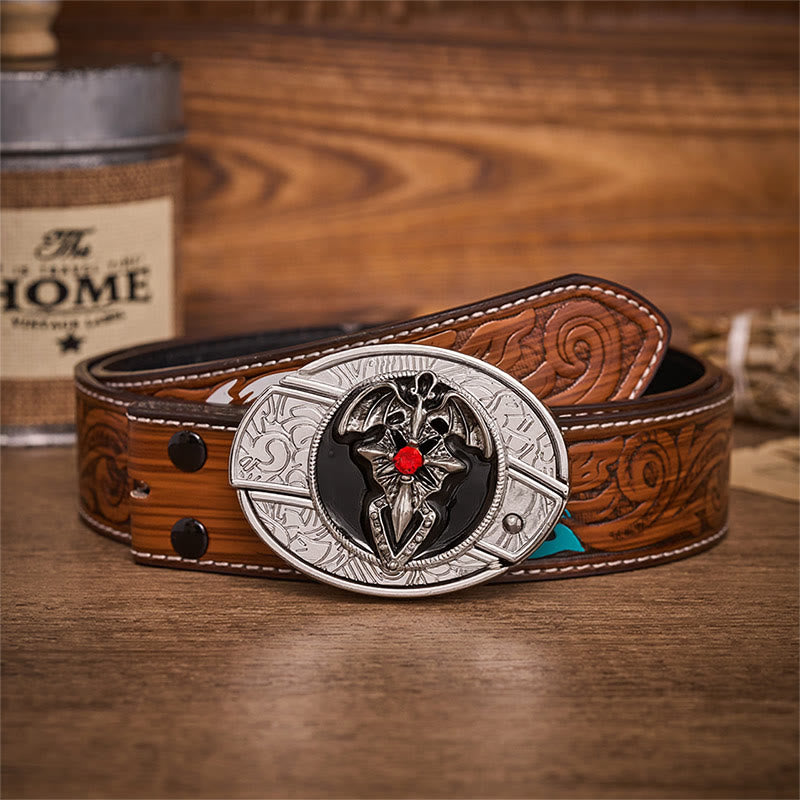 Gothic Dragon Bat Hidden Folding Knife Buckle Leather Belt - Dragon Bat - Brown Feather Belt - 40 - image 7