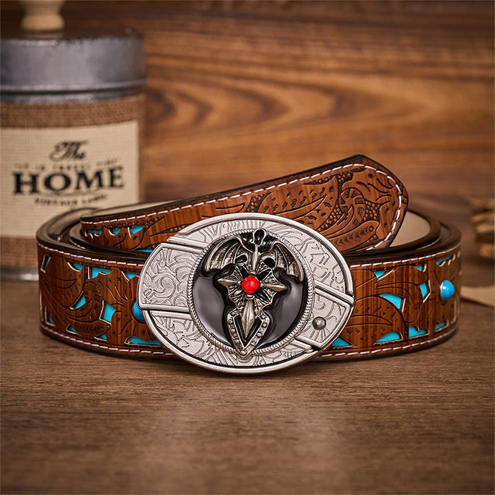 Gothic Dragon Bat Hidden Folding Knife Buckle Leather Belt - Dragon Bat - Turquoise Carved Belt - 42 - image 3