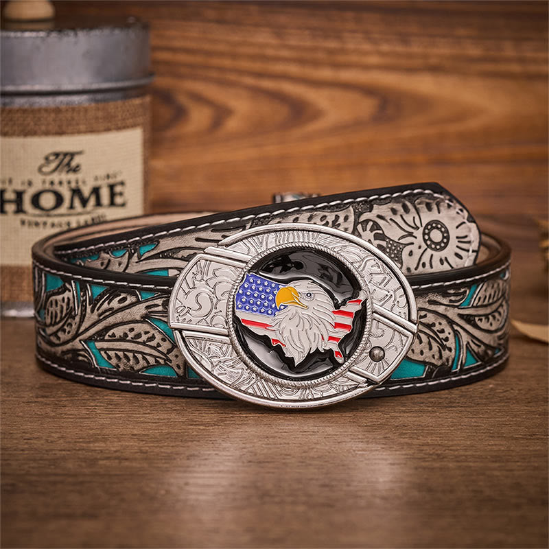 Freedom American Eagle Flag Hidden Folding Knife Buckle Leather Belt - American Eagle Flag - Gray Floral Belt - 42 - image 8