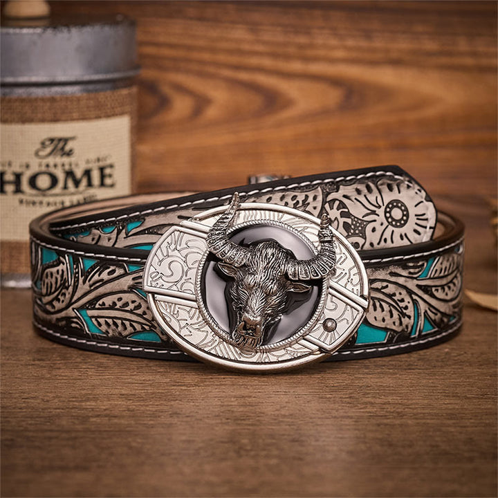 Longhorn Legend Bull Head Hidden Folding Knife Buckle Leather Belt - Longhorn Bull - Gray Floral Belt - 42 - image 8