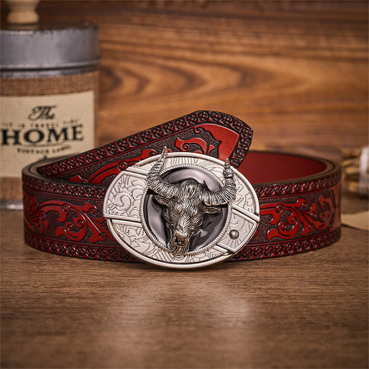 Longhorn Legend Bull Head Hidden Folding Knife Buckle Leather Belt - Longhorn Bull - Brown Carved Belt - 42 - image 6