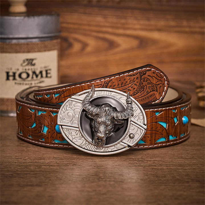 Longhorn Legend Bull Head Hidden Folding Knife Buckle Leather Belt - Longhorn Bull - Turquoise Carved Belt - 42 - image 3