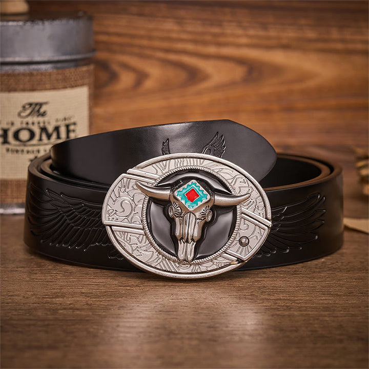 Desert Spirit Aztec Steer Skull Hidden Folding Knife Buckle Leather Belt - Aztec Bull - Black Embossed Eagle Belt - 42 - image 2