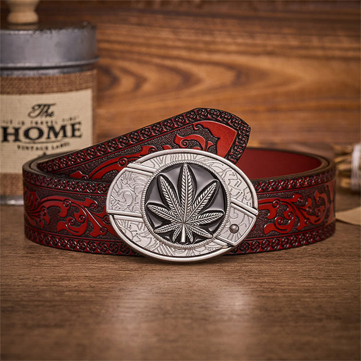 Desert Leaf Western Hidden Folding Knife Buckle Leather Belt - Desert Leaf - Brown Carved Belt - 42 - image 6