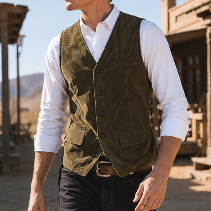 Minimalist V-Neck Retro Ivy League Corduroy Suit Vest - Army Green - XL - image 0