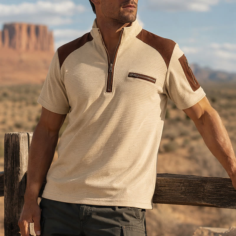 Men's Waffle Texture Zipper Detailed Polo Shirt - Khaki - 3XL - image 6