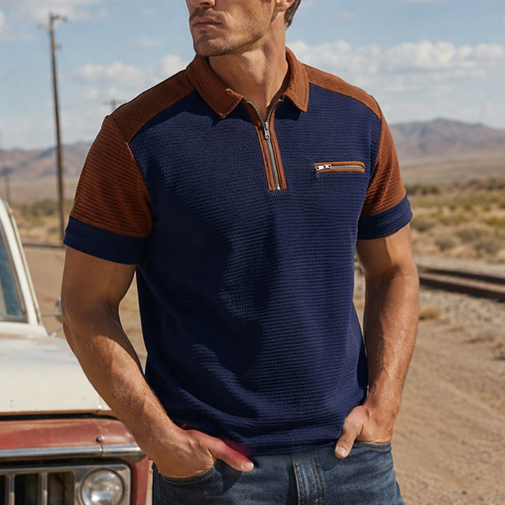 Men's Retro Color Block Zip Neck Summer Polo Shirt - Navy - 3XL - image 6