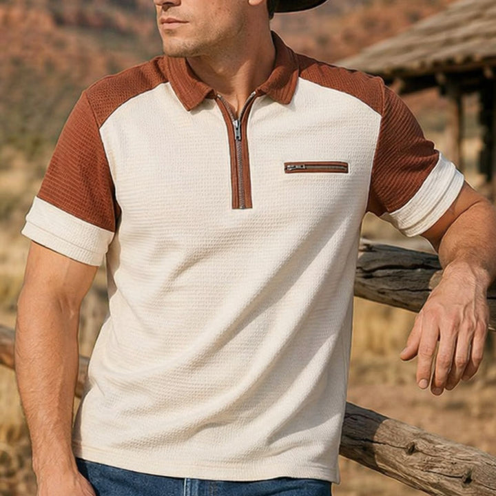 Men's Retro Color Block Zip Neck Summer Polo Shirt - Khaki - 3XL - image 0