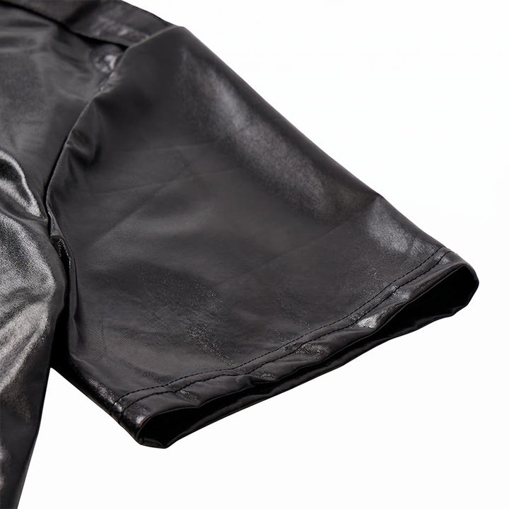 Biker Black Glossy Western Coated Faux Leather Shirt - image 8