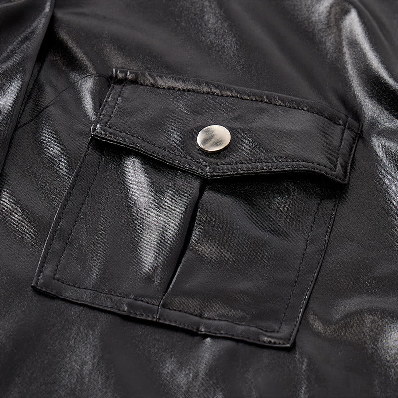Biker Black Glossy Western Coated Faux Leather Shirt - image 5