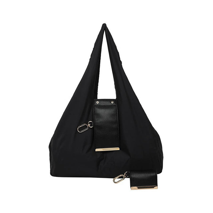 Foldable Nylon Shoulder Tote Bag Keychain With Leather Accent - Black - Small - image 8