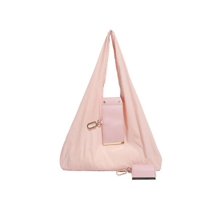 Foldable Nylon Shoulder Tote Bag Keychain With Leather Accent - Pink - Small - image 19