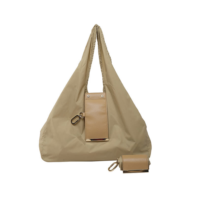 Foldable Nylon Shoulder Tote Bag Keychain With Leather Accent - Khaki - Small - image 12
