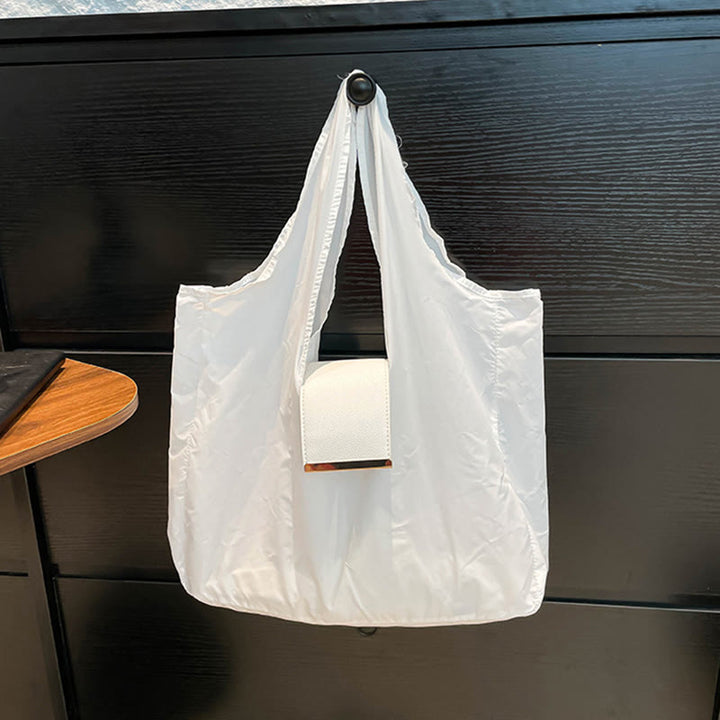 Foldable Nylon Shoulder Tote Bag Keychain With Leather Accent - White - Large - image 28