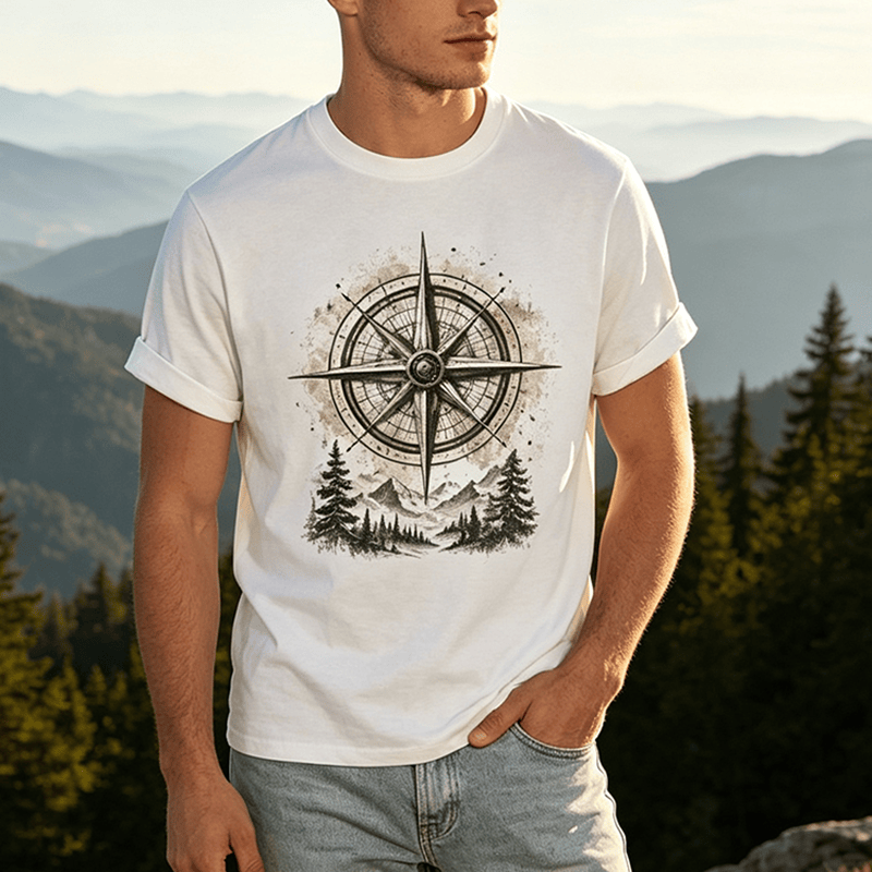 Vintage Watercolor Mountain Compass Graphic Western T-shirt - image 0
