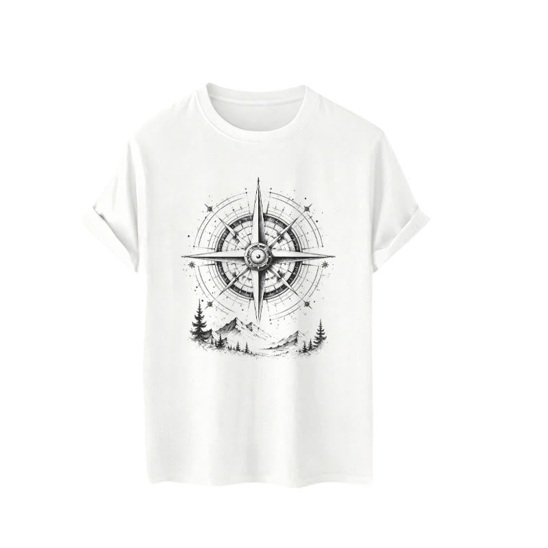 Black Ink Hand Drawn Mountain Compass Graphic Western T-shirt - image 4