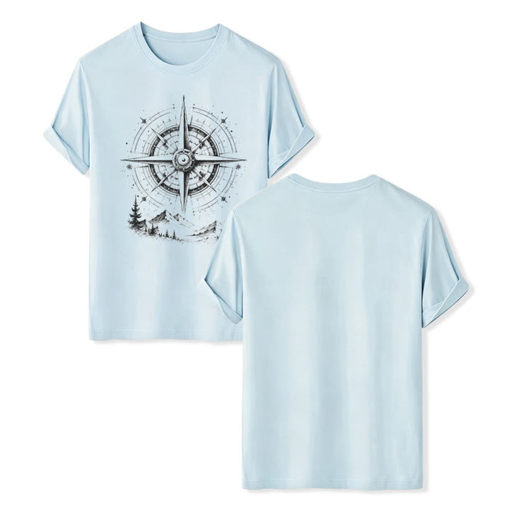 Black Ink Hand Drawn Mountain Compass Graphic Western T-shirt - Blue - 2XL - image 9