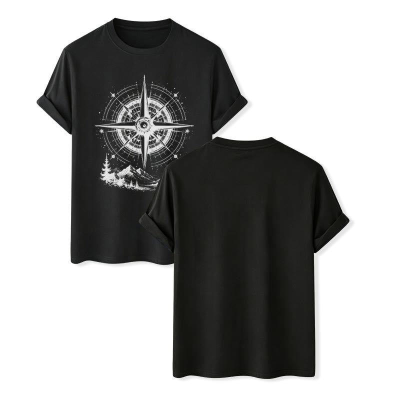 Black Ink Hand Drawn Mountain Compass Graphic Western T-shirt - Black - 2XL - image 12